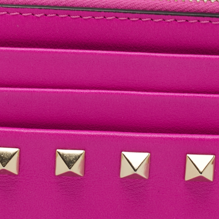 Pre Owned Valentino Hot Pink Leather Rockstud Bifold Card Holder