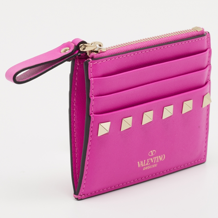 Pre Owned Valentino Hot Pink Leather Rockstud Bifold Card Holder