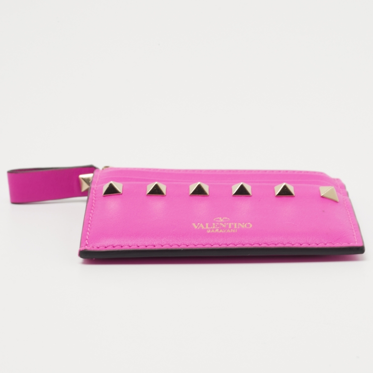 Pre Owned Valentino Hot Pink Leather Rockstud Bifold Card Holder