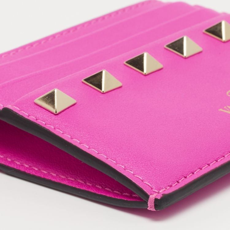 Pre Owned Valentino Hot Pink Leather Rockstud Bifold Card Holder