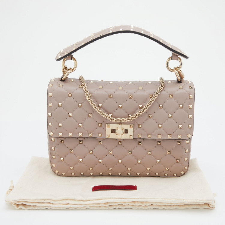 Pre Owned Valentino Pale Pink Leather Rockstud Spike Top Handle Bag