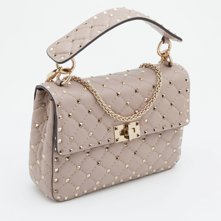 Pre Owned Valentino Pale Pink Leather Rockstud Spike Top Handle Bag