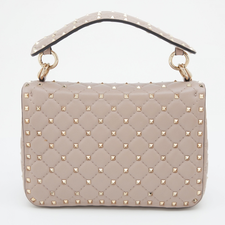 Pre Owned Valentino Pale Pink Leather Rockstud Spike Top Handle Bag