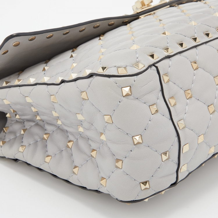 Pre Owned Valentino Grey Quilted Leather Large Rockstud Spike Top Handle Bag