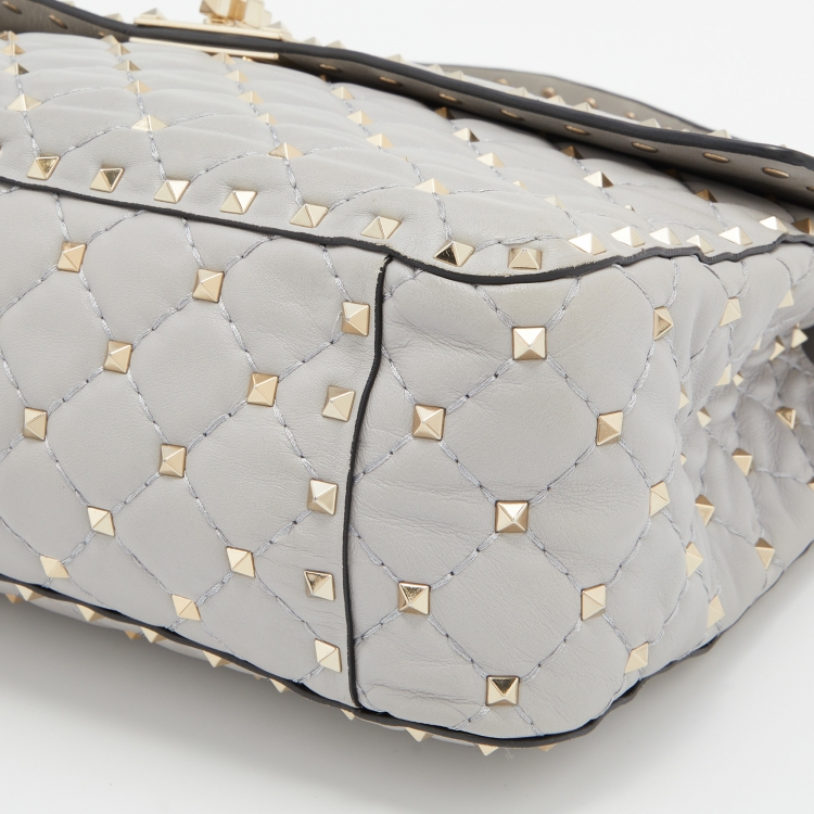 Pre Owned Valentino Grey Quilted Leather Large Rockstud Spike Top Handle Bag
