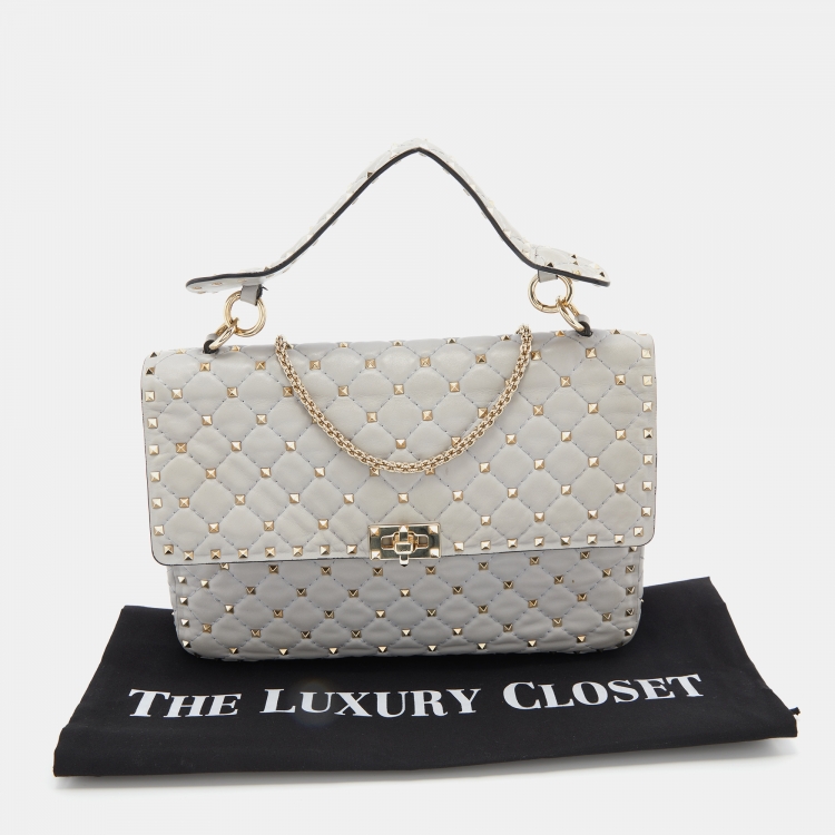 Pre Owned Valentino Grey Quilted Leather Large Rockstud Spike Top Handle Bag