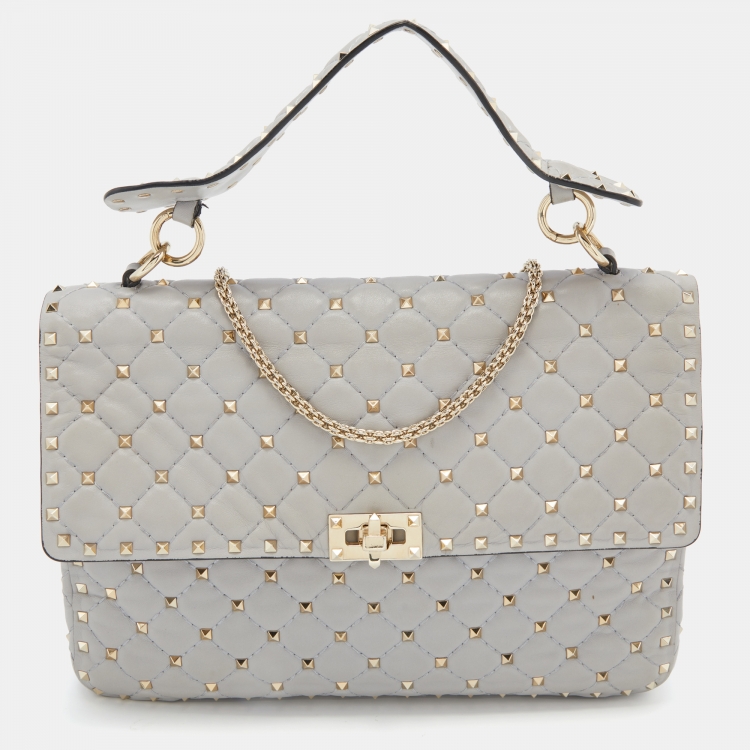 Pre Owned Valentino Grey Quilted Leather Large Rockstud Spike Top Handle Bag