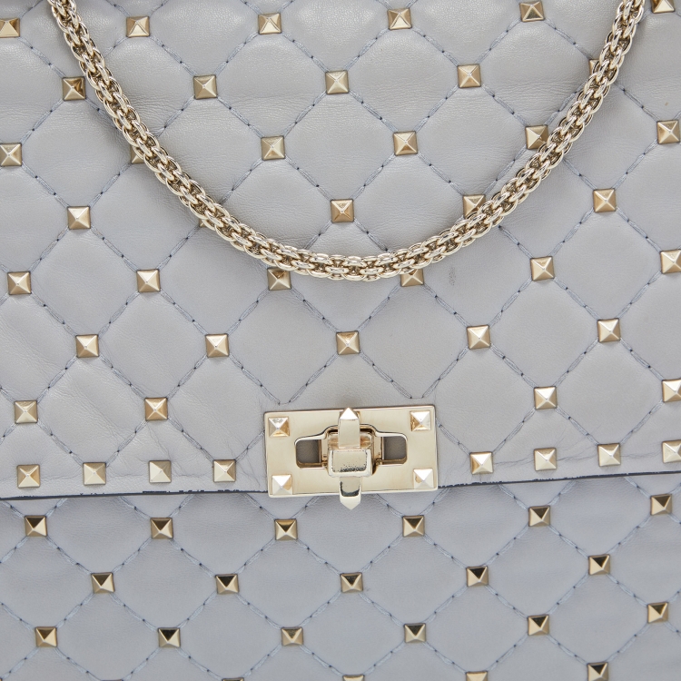 Pre Owned Valentino Grey Quilted Leather Large Rockstud Spike Top Handle Bag