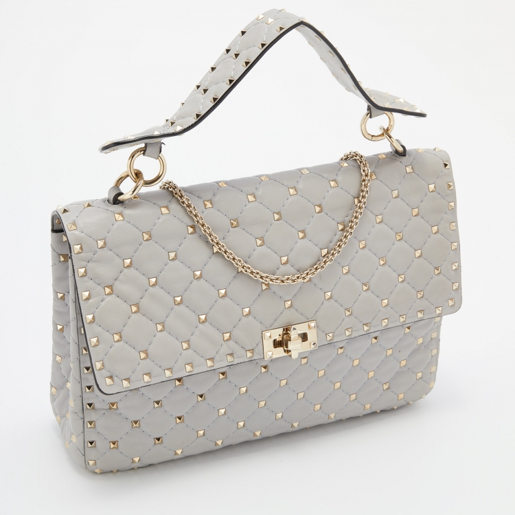Pre Owned Valentino Grey Quilted Leather Large Rockstud Spike Top Handle Bag