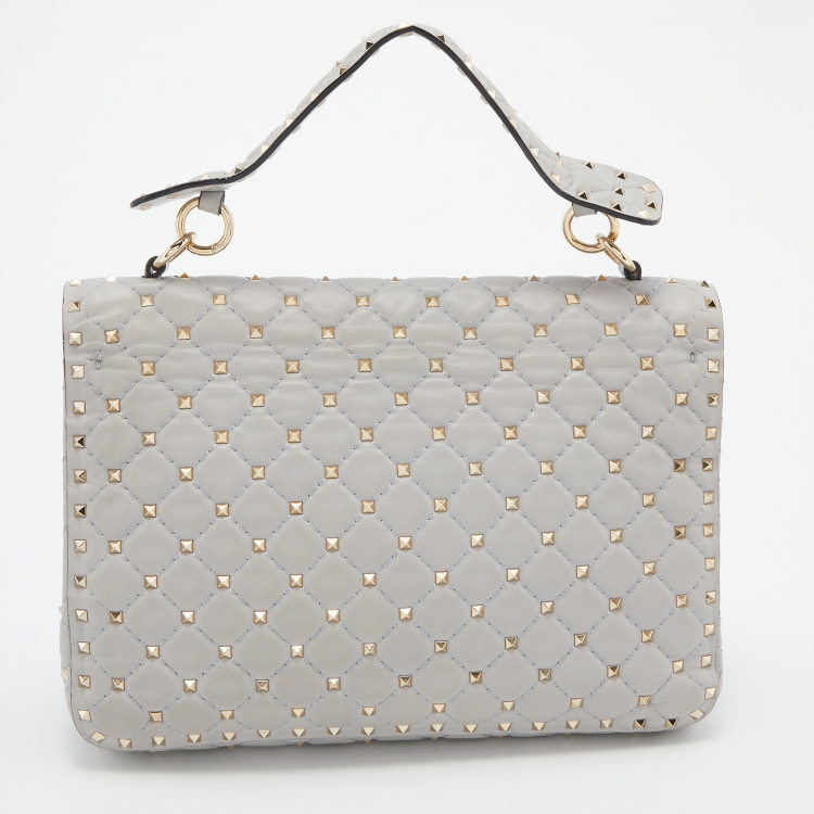 Pre Owned Valentino Grey Quilted Leather Large Rockstud Spike Top Handle Bag