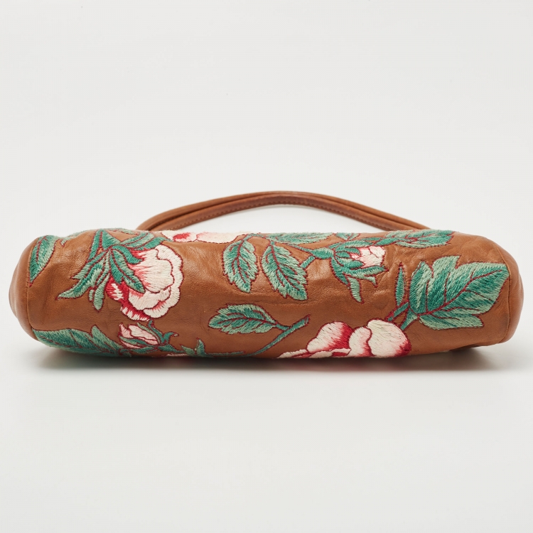 Pre Owned Valentino Brown Leather Floral Embroidered Frame Baguette Bag