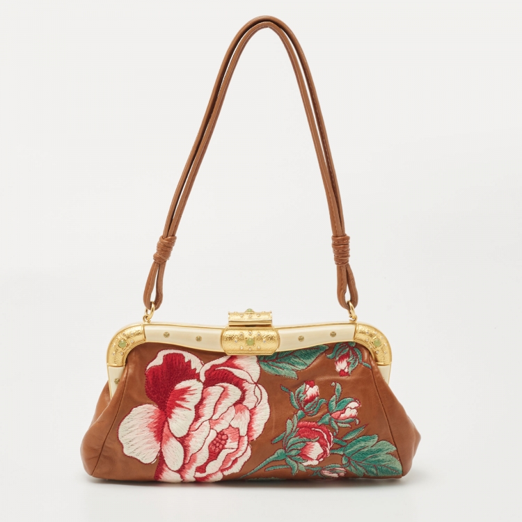 Pre Owned Valentino Brown Leather Floral Embroidered Frame Baguette Bag
