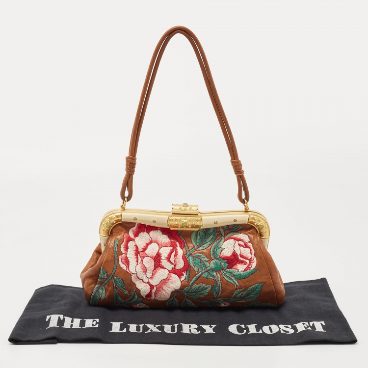 Pre Owned Valentino Brown Leather Floral Embroidered Frame Baguette Bag