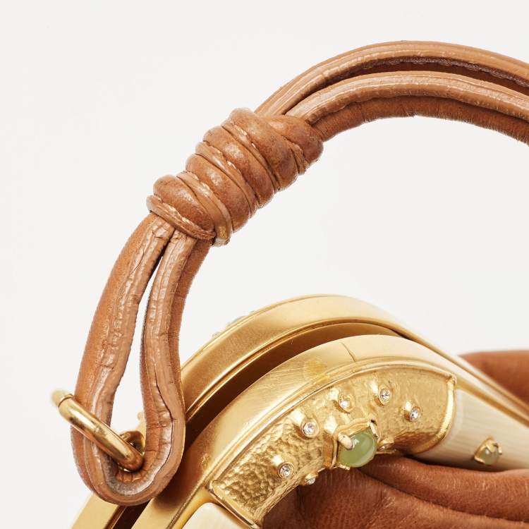 Pre Owned Valentino Brown Leather Floral Embroidered Frame Baguette Bag