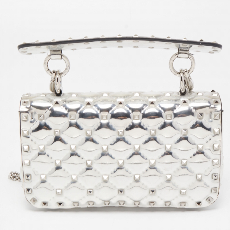 Pre Owned Valentino Silver Quilted Patent Leather Small Rockstud Spike Top Handle Bag