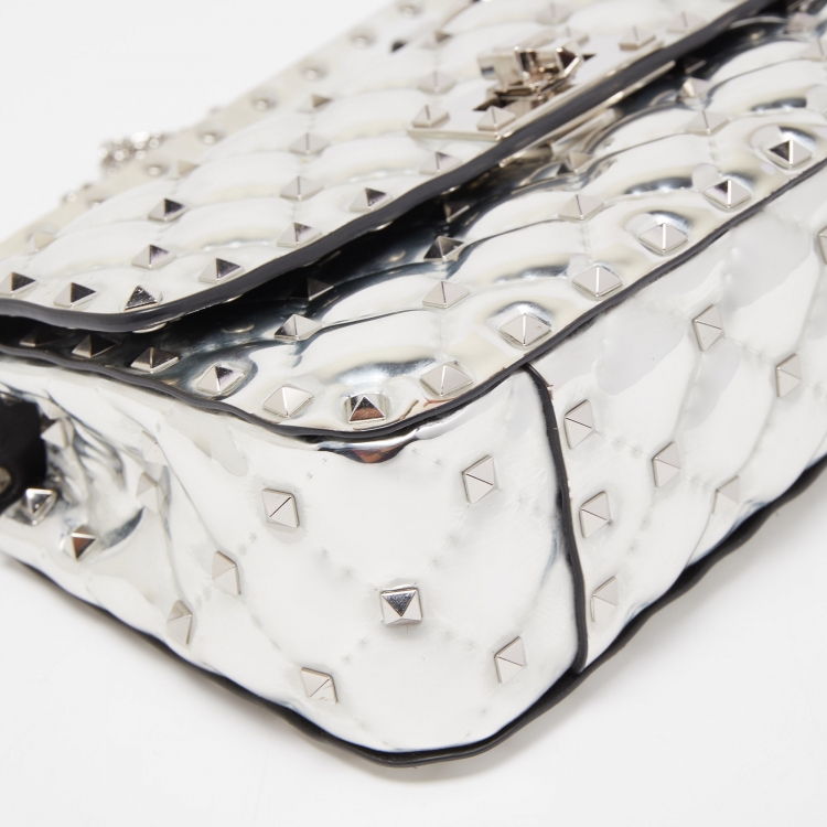 Pre Owned Valentino Silver Quilted Patent Leather Small Rockstud Spike Top Handle Bag