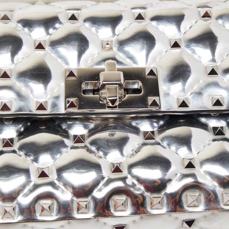 Pre Owned Valentino Silver Quilted Patent Leather Small Rockstud Spike Top Handle Bag