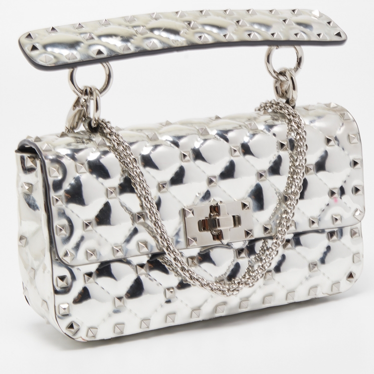 Pre Owned Valentino Silver Quilted Patent Leather Small Rockstud Spike Top Handle Bag