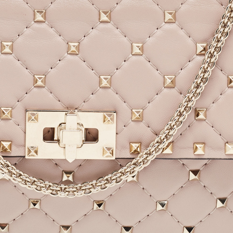 Pre Owned Valentino Light Pink Leather Medium Rockstud Spike Top Handle Bag