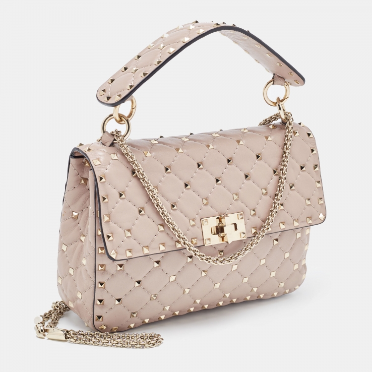 Pre Owned Valentino Light Pink Leather Medium Rockstud Spike Top Handle Bag