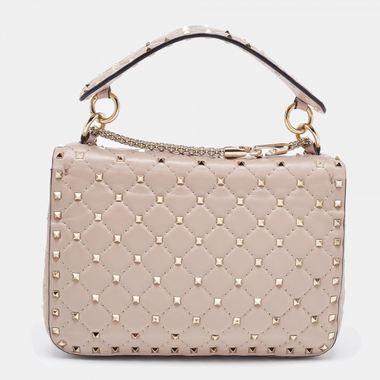 Pre Owned Valentino Light Pink Leather Medium Rockstud Spike Top Handle Bag