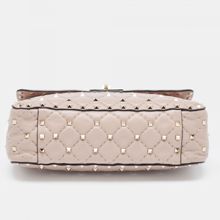 Pre Owned Valentino Light Pink Leather Medium Rockstud Spike Top Handle Bag