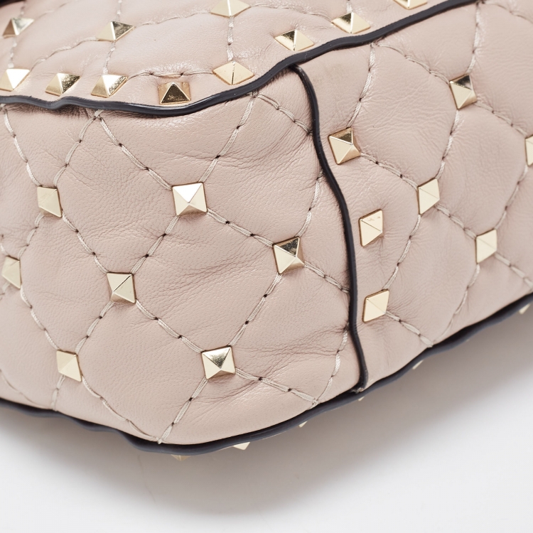 Pre Owned Valentino Light Pink Leather Medium Rockstud Spike Top Handle Bag
