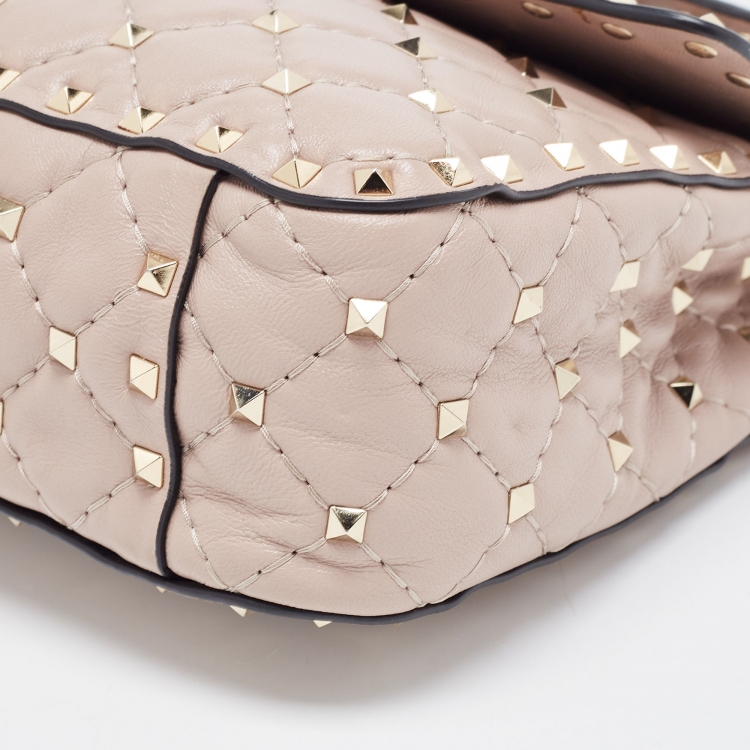 Pre Owned Valentino Light Pink Leather Medium Rockstud Spike Top Handle Bag