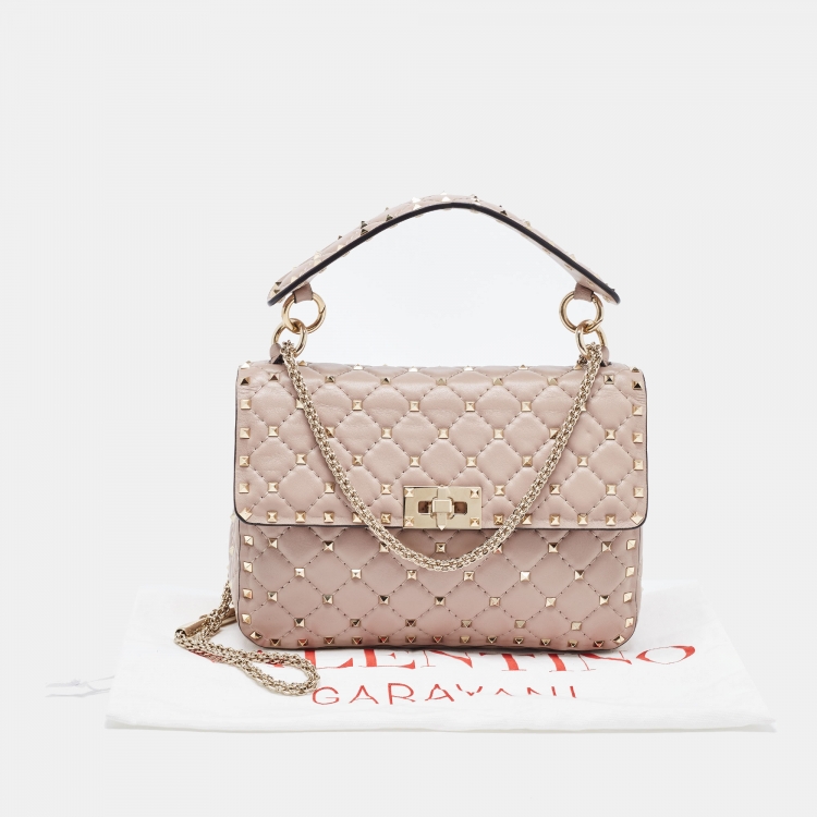 Pre Owned Valentino Light Pink Leather Medium Rockstud Spike Top Handle Bag
