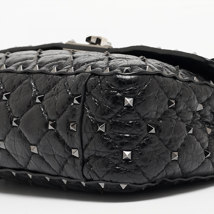 Pre Owned Valentino Black Quilted Leather Rockstud Spike Top Handle Bag