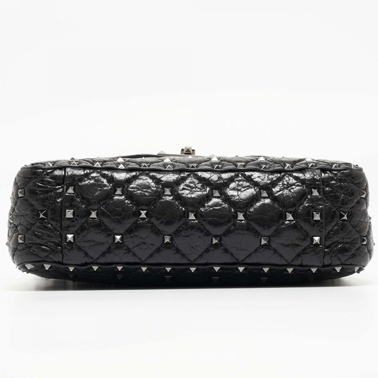 Pre Owned Valentino Black Quilted Leather Rockstud Spike Top Handle Bag
