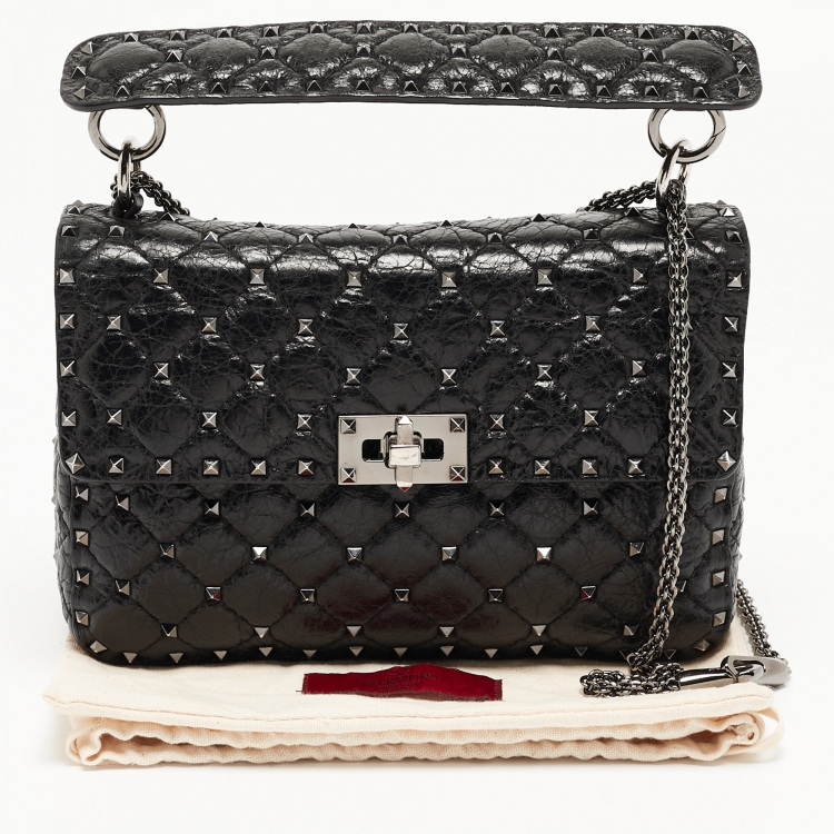 Pre Owned Valentino Black Quilted Leather Rockstud Spike Top Handle Bag
