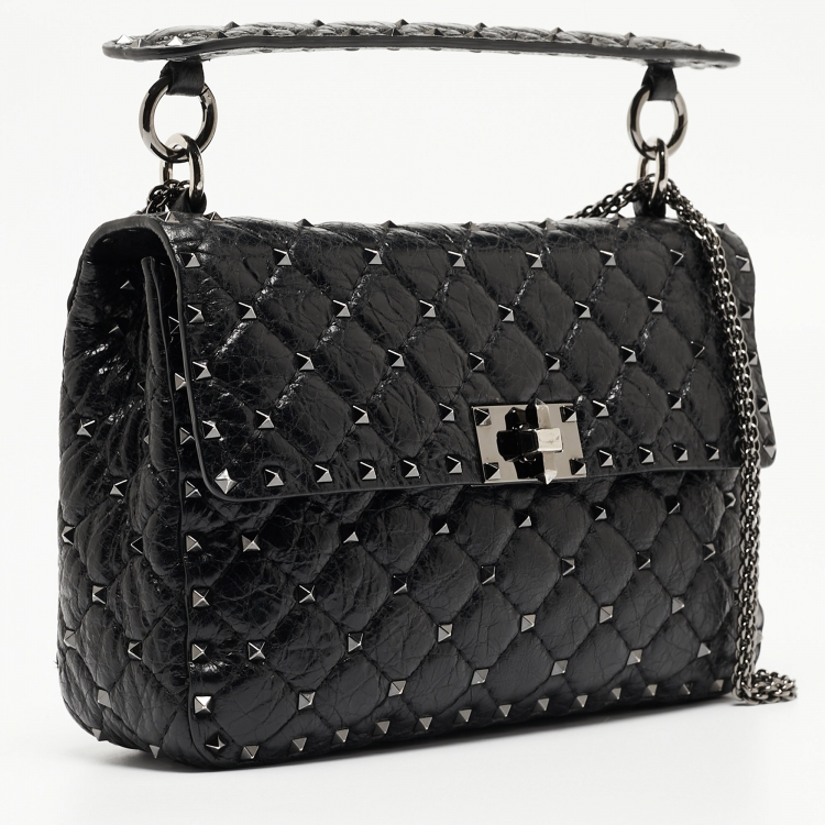 Pre Owned Valentino Black Quilted Leather Rockstud Spike Top Handle Bag