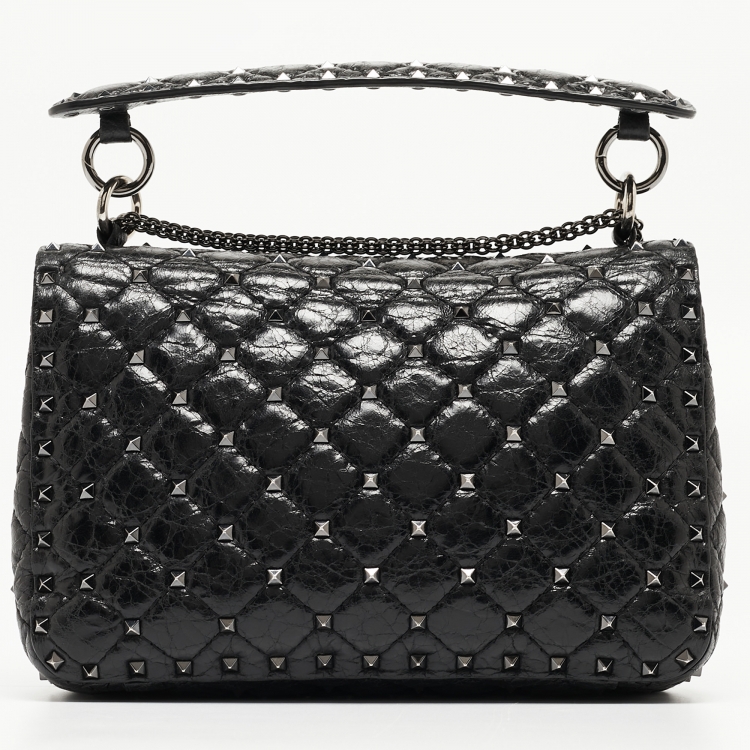 Pre Owned Valentino Black Quilted Leather Rockstud Spike Top Handle Bag