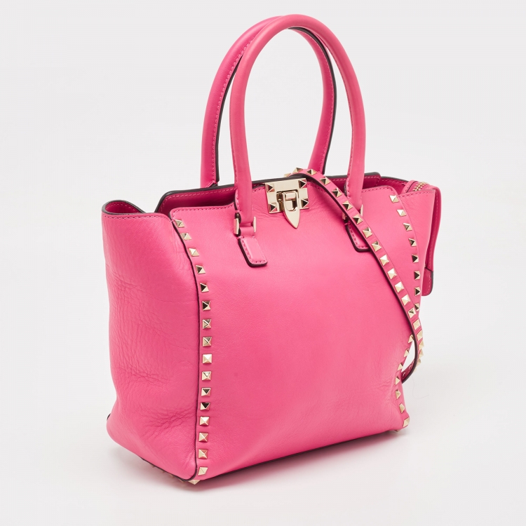 Pre Owned Valentino Hot Pink Leather Small Rockstud Trapeze Tote