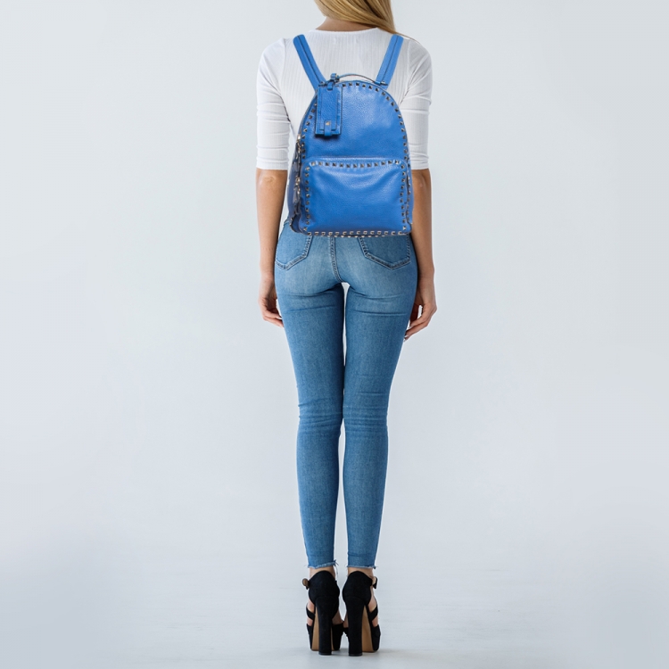 Pre Owned Valentino Blue Leather Rockstud Front Pocket Backpack