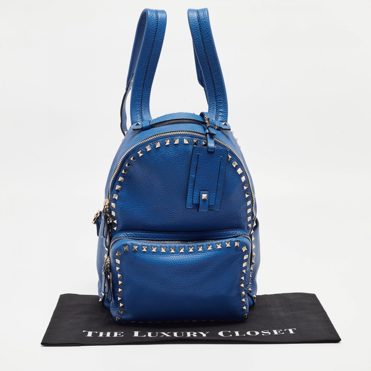 Pre Owned Valentino Blue Leather Rockstud Front Pocket Backpack