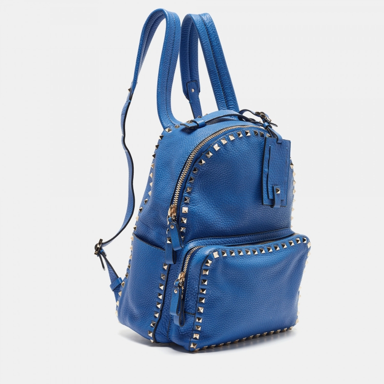 Pre Owned Valentino Blue Leather Rockstud Front Pocket Backpack