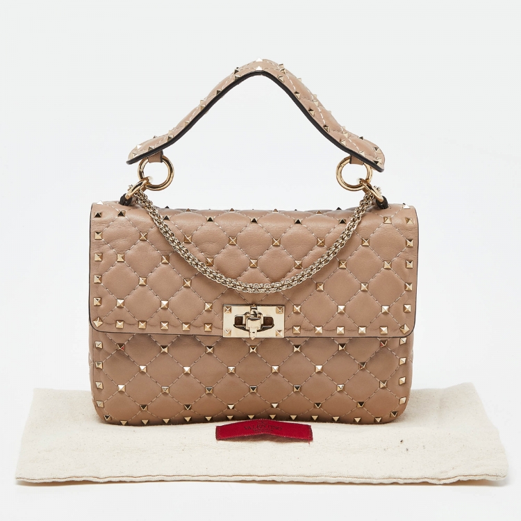 Pre Owned Valentino Pink Quilted Leather Medium Rockstud Spike Chain Top Handle Bag