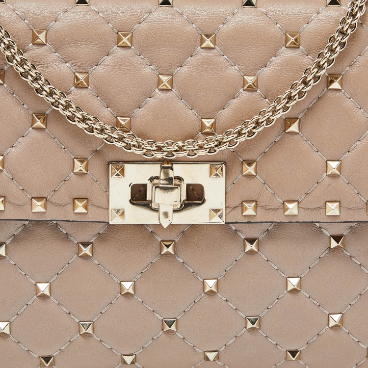 Pre Owned Valentino Pink Quilted Leather Medium Rockstud Spike Chain Top Handle Bag