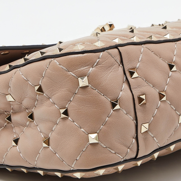 Pre Owned Valentino Pink Quilted Leather Medium Rockstud Spike Chain Top Handle Bag