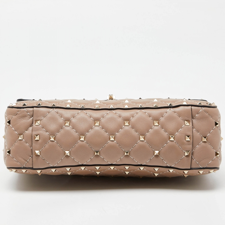 Pre Owned Valentino Pink Quilted Leather Medium Rockstud Spike Chain Top Handle Bag