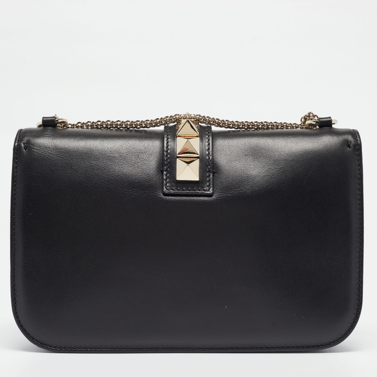 Pre Owned Valentino Black Leather Medium Rockstud Glam Lock Flap Bag