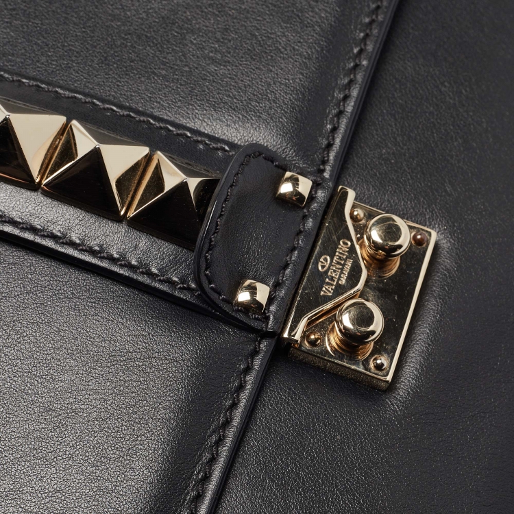 Pre Owned Valentino Black Leather Medium Rockstud Glam Lock Flap Bag