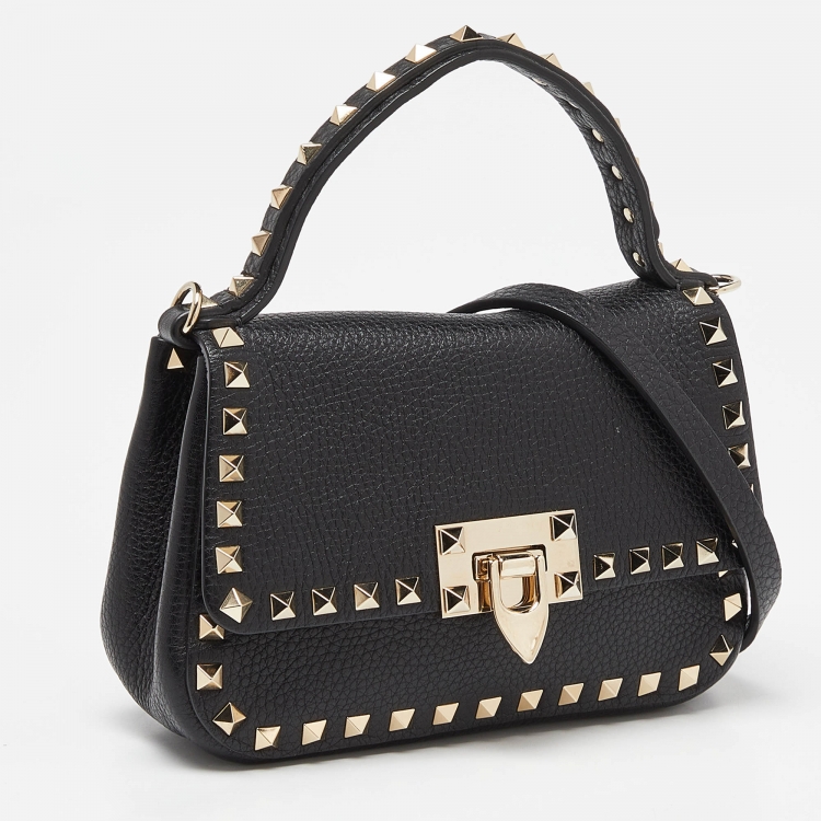 Pre Owned Valentino Black Leather Rockstud Convertible Top Handle Bag