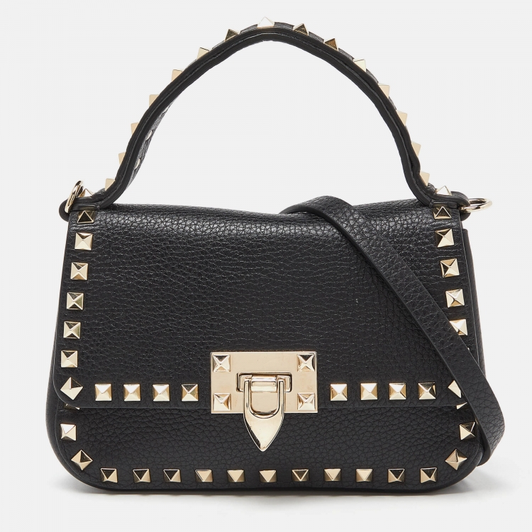 Pre Owned Valentino Black Leather Rockstud Convertible Top Handle Bag