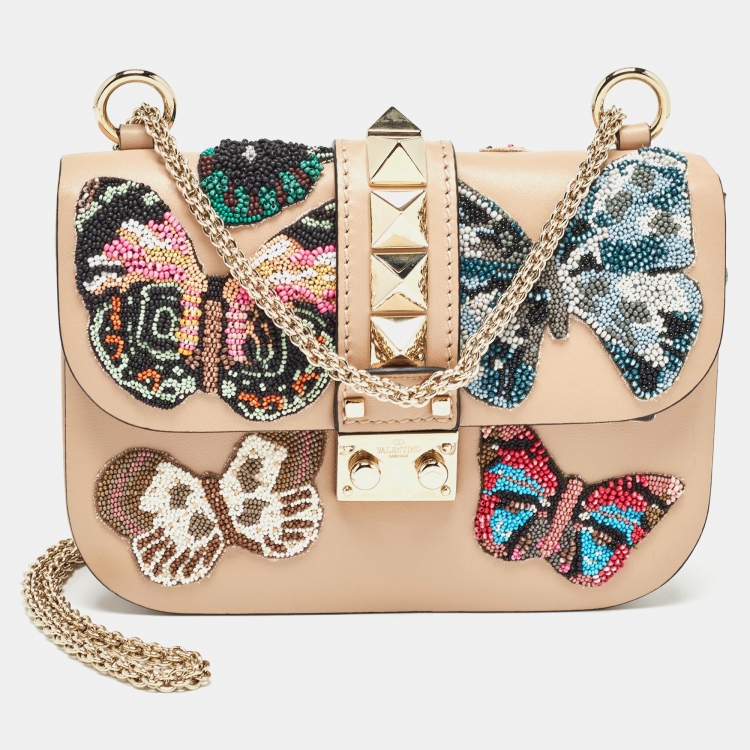 Pre Owned Valentino Beige Leather Small Butterfly Beads Rockstud Glam Lock Bag