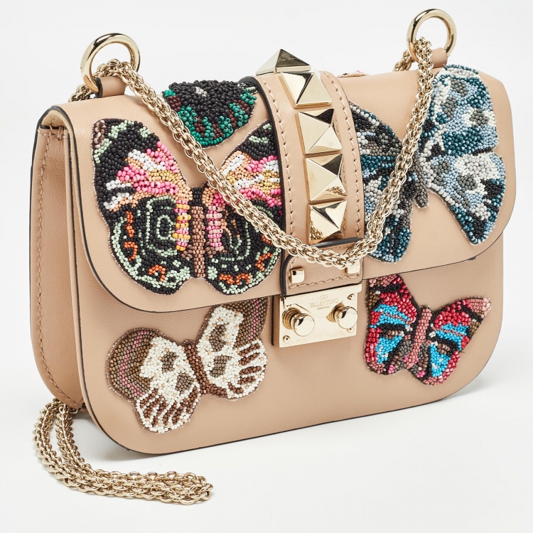 Pre Owned Valentino Beige Leather Small Butterfly Beads Rockstud Glam Lock Bag