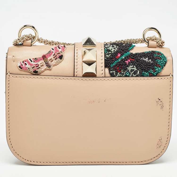 Pre Owned Valentino Beige Leather Small Butterfly Beads Rockstud Glam Lock Bag