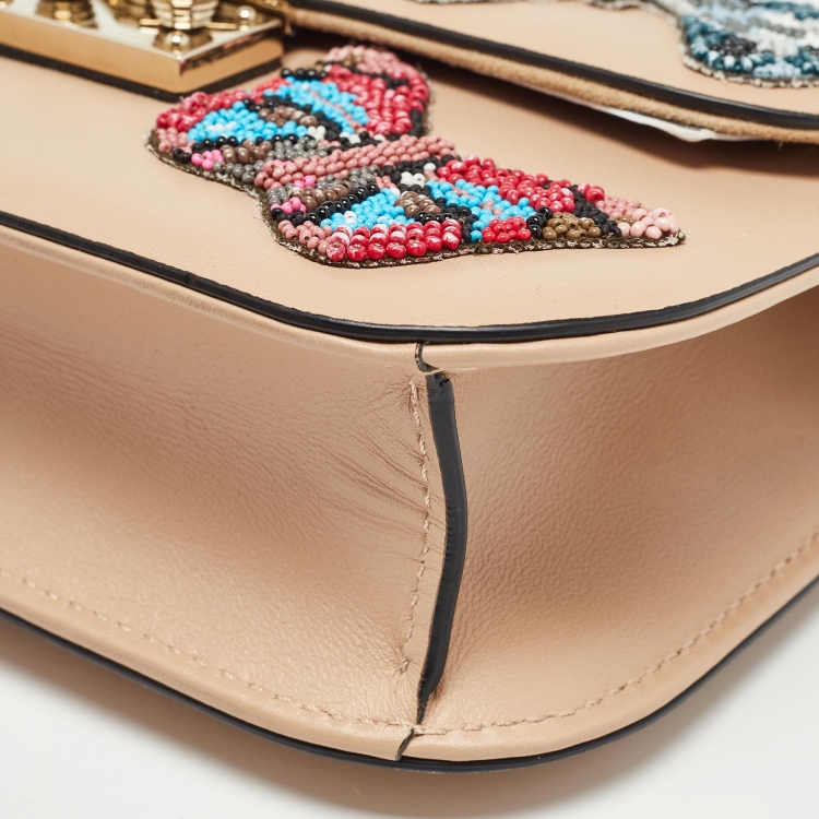 Pre Owned Valentino Beige Leather Small Butterfly Beads Rockstud Glam Lock Bag